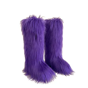 Stylish vibrant purple faux fur knee-high snow boots for women, warm winter fashion footwear