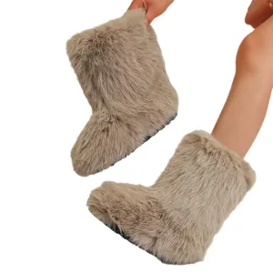 Bottes de neige mi-mollet en fausse fourrure style Y2K pour femmes en beige chaud