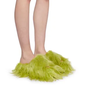 Chaussons en fausse fourrure verte citron style Y2K punk pour femmes tendance