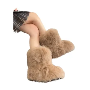 Modische Y2K-Stil flauschige Schneestiefel aus Kunstpelz mit dicker Plateau-Sohle in Braun