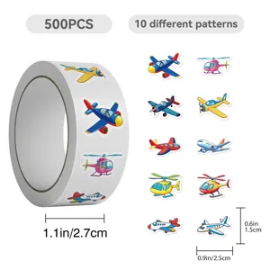 Detail view of 500pcs cartoon airplane sticker roll featuring 10 patterns and dimensions.