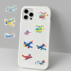 Cute cartoon airplane stickers detail view showing colorful aircraft decals on phone case.
