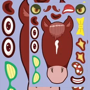 Cute cartoon horse face sticker detail showing DIY parts like eyes, glasses, and mustaches.