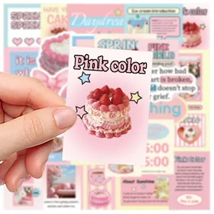 Schattig roze taart sticker pack gedetailleerd overzicht, esthetische briefpapier items.