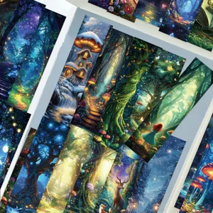 Magical fantasy forest bookmarks set, dreamy glowing tree and mushroom art design for reading.
