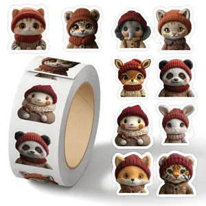 Cute plush animal portrait stickers roll for journal laptop decoration, 500 pcs waterproof.