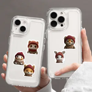 Detailed view of clear silicone phone cases featuring cute knitted plush animal cartoon stickers.