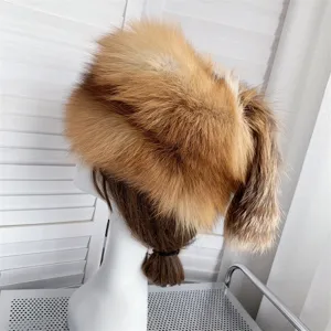 Handcrafted thickened winter fox fur hat with real tail for women in ethnic style