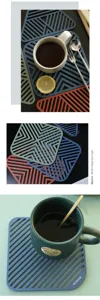 Dettaglio del tappetino isolante in silicone geometrico cavo con design a strisce blu