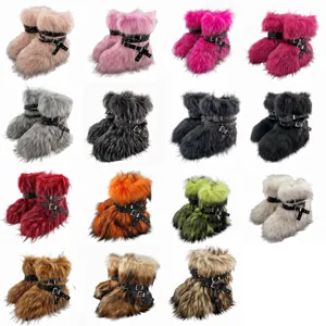 Variety of colorful Y2K punk style faux fur snow boots with black buckled straps