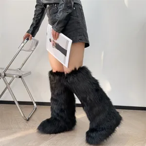 Stylish black Y2K faux fur boots knee-high fluffy warm snow boots side detail view