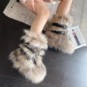 Macro view of Y2K punk faux fur snow boots featuring platform soles and rivet buckle straps