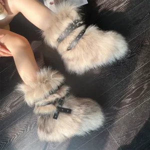 Y2K punk style faux fur snow boots with black rivet buckles and thick platform soles