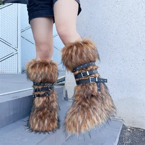 Detailed view of Y2K punk style faux fur snow boots featuring rivet buckles and straps