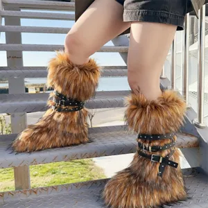 Close-up of Y2K punk style faux fur snow boots with black buckled rivet straps