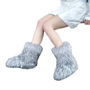 Stylish fluffy faux raccoon fur snow boots in Y2K style for women, warm winter footwear