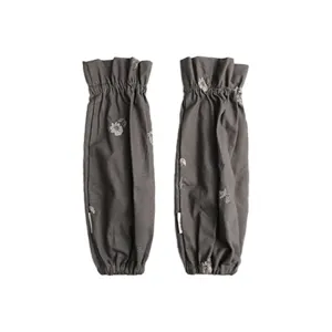 Waterproof grey sleeve covers for work with floral embroidery and elastic ruffled cuffs