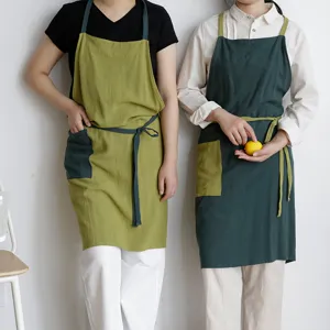 Delantal de Algodón de Estilo Japonés para Mujeres Cocina Cocinar Hornear Delantal con Bolsillo Grande Ropa de Trabajo Hogar