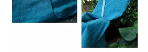 Dettaglio ravvicinato del tessuto del grembiule blu in cotone e lino strutturato