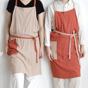 Par de delantales de cocina de algodón estilo japonés en colores naranja y beige