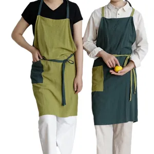Delantal de chef de algodón de estilo japonés con bolsillos en contraste y lazos de cintura
