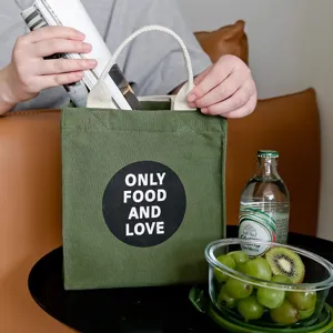 Borsa bento in tela verde stile ins per pranzo e picnic con stampa di slogan