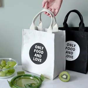 Borsa pranzo minimalista in tela con stampa, borsa tote portatile per picnic e ufficio.
