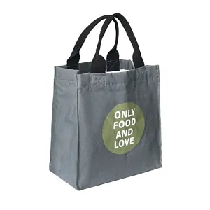 Borsa pranzo in tela grigia con stampa 'ONLY FOOD AND LOVE' verde