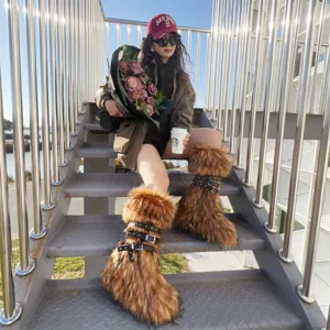 Y2K punk style faux fur snow boots with metal buckles and stud details
