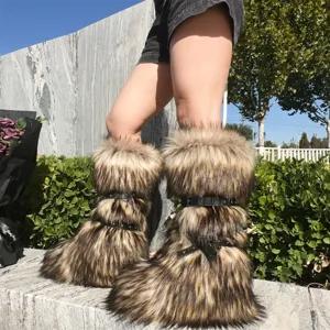 Macro view of Y2K punk faux fur boots featuring black straps and metal buckle details