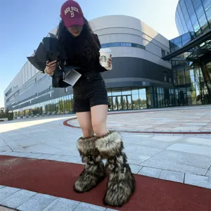 Trendy Y2K punk style faux fur platform snow boots with rivet buckle strap detailing