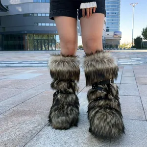 Stylish Y2K style faux fur boots with black leather buckle straps and rivets