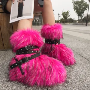 Women's Y2K Punk Faux Fur Snow Boots Thick Platform Winter Warm Boots With Rivet Straps