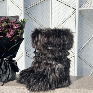 High-top black Y2K punk style faux fur snow boots featuring buckle straps and metal studs