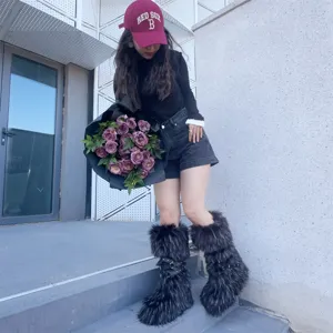 Stylish Y2K punk faux fur high-top boots with studded straps shown in a street lifestyle shot
