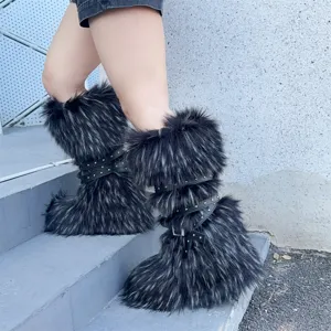 Detail of Y2K punk faux fur platform boots featuring studded straps and thick fur texture.