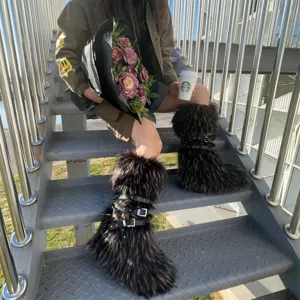 Y2K punk style high faux fur boots with rivet buckles for street fashion