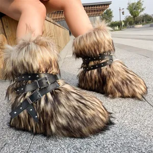 Detail view of Y2K punk faux fur platform snow boots with black studded straps