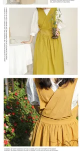 Detail of mustard yellow cotton V-neck apron with pleated skirt and cross straps