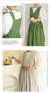 Lifestyle detail of a minimalist cotton V-neck apron in green and beige colors.