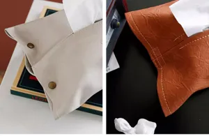 Confronto di copri scatole di fazzoletti in pelle stile nordico nei colori beige e marrone