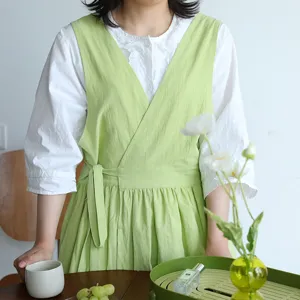 Modern minimalist light green cotton V-neck reversible apron with waist tie for kitchen