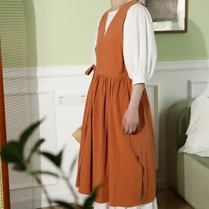 Burnt orange minimalist cotton V-neck sleeveless long apron for kitchen stain protection