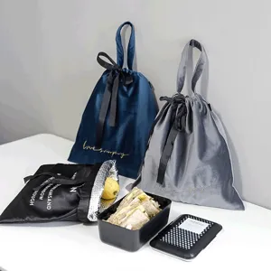Borsa Portapranzo in Velluto Portatile Stile Ins Isolamento Termico Custodia Bento con Coulisse Borsa Portaoggetti a Mano Per Ufficio
