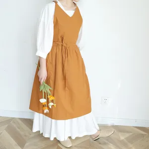 Elegante grembiule giapponese in cotone con scollo a V senza maniche giallo senape