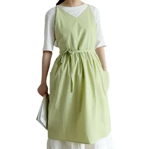 Grembiule in cotone verde menta senza maniche scollo a V con tasche e idrorepellente