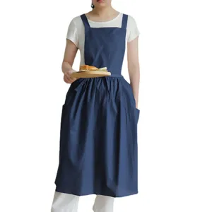 Delantal de algodón plisado azul marino con bolsillos para cocina doméstica y café