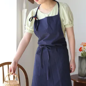 Grembiule giapponese in cotone e lino blu navy con cinghie regolabili e tasca frontale
