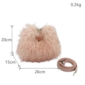 Detailed view of a pink shaggy faux fur plush handbag with 26cm x 20cm dimensions