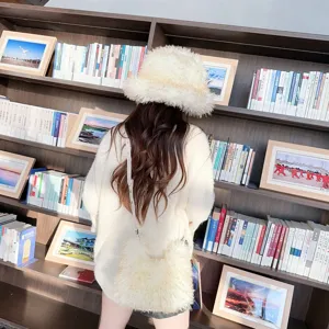 Fashionable gradient faux lamb wool bucket hat and matching plush crossbody bag set for women